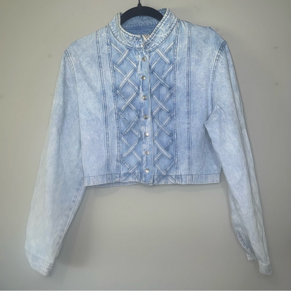Stefano Vintage Acid Wash Denim Jacket Lattice Front Cropped Blue M